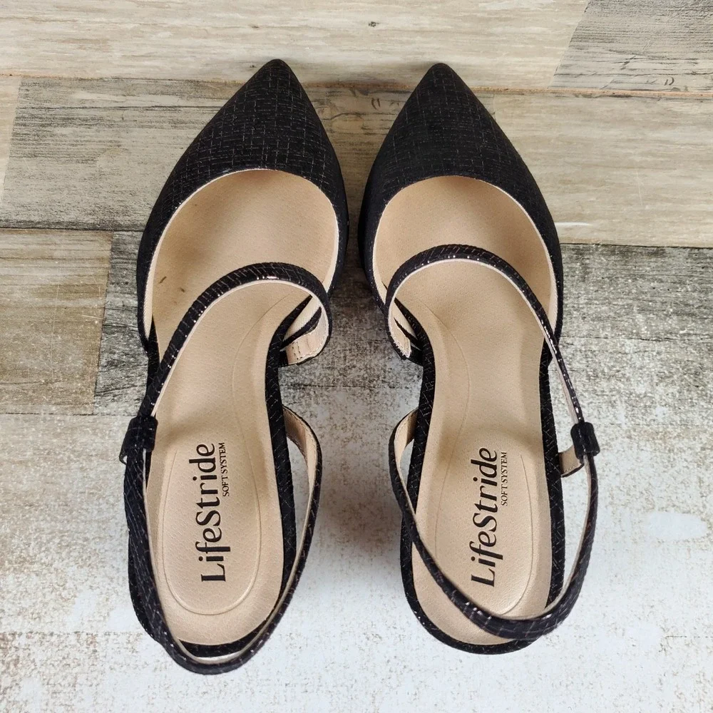 LifeStride Minimalist Womens Pumps Sz 7 W Black Shimmer Pointed Toe Block Heel